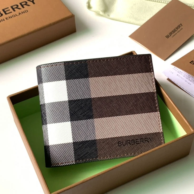Burberry Colour Block Check bifold wallet in Dark Birch Brown with black leather interior