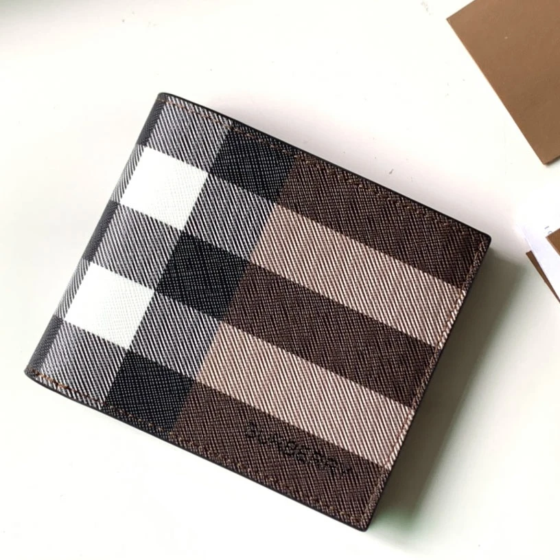Burberry Colour Block Check bifold wallet in Dark Birch Brown with black leather interior