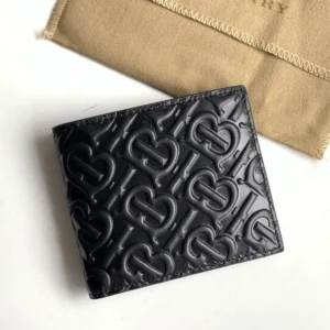 Burberry black calfskin bifold wallet with embossed TB Monogram pattern