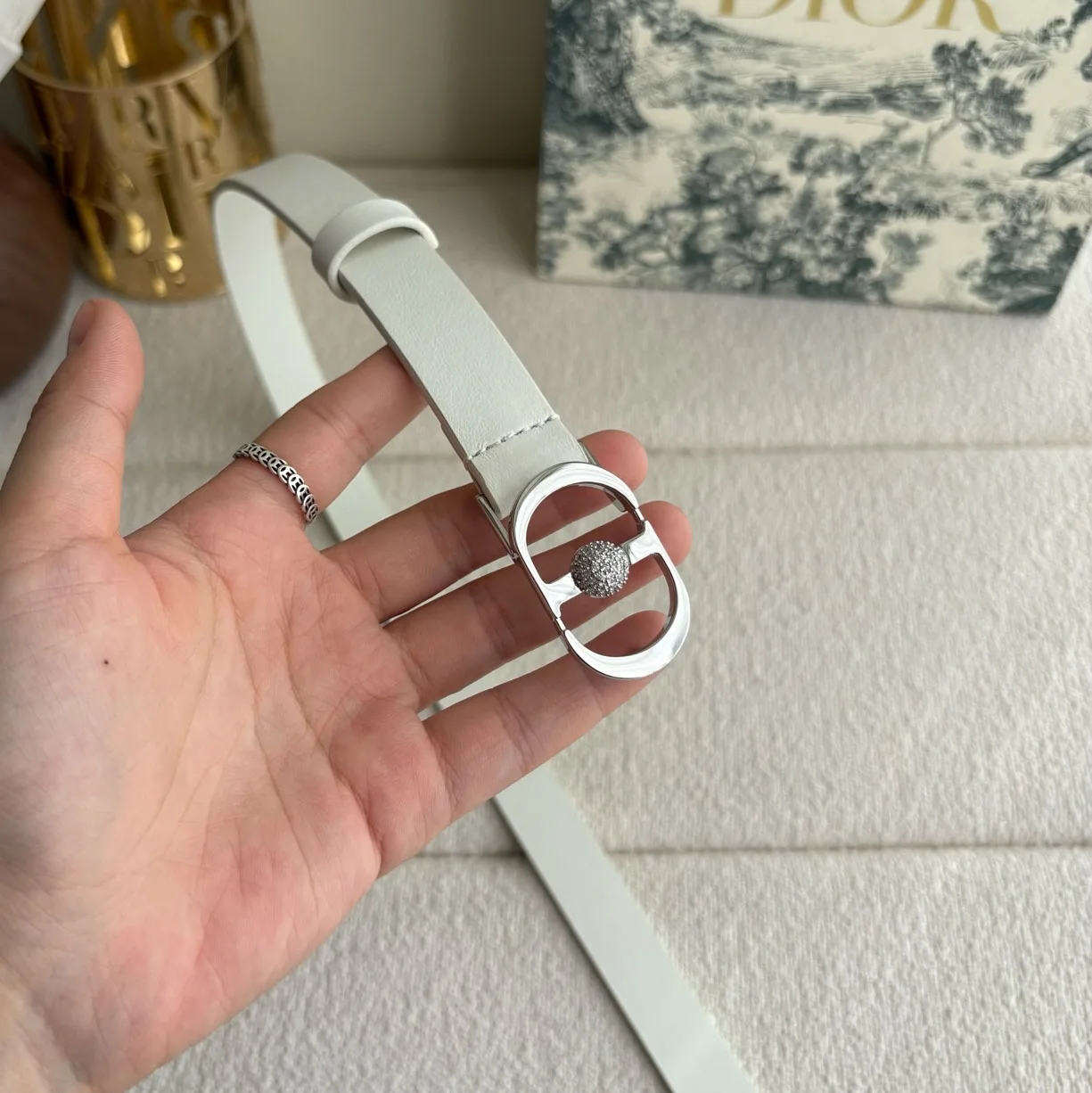 Dior 30 Montaigne white leather belt with silver-tone crystal-embellished CD buckle