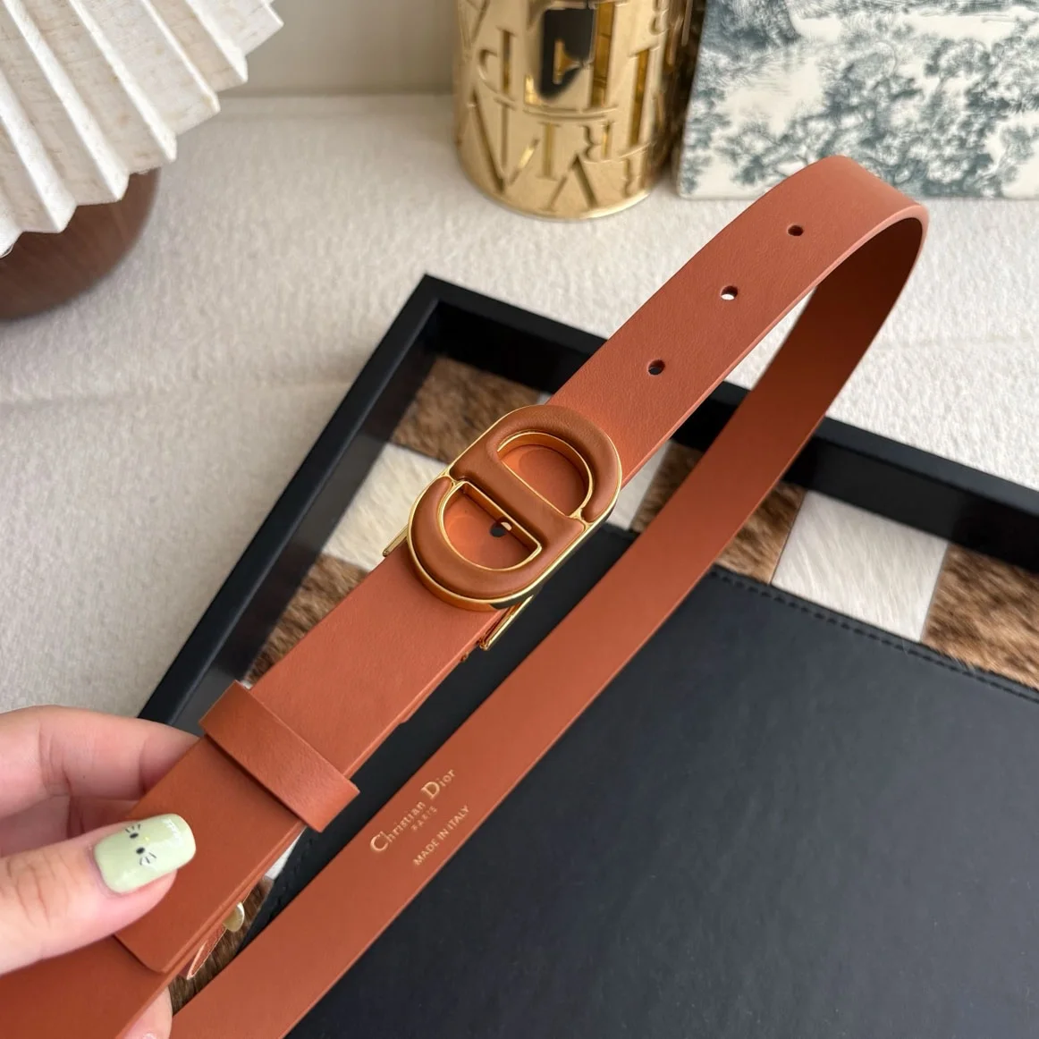 Dior 30 Montaigne brown smooth calfskin belt with antique gold-tone CD buckle
