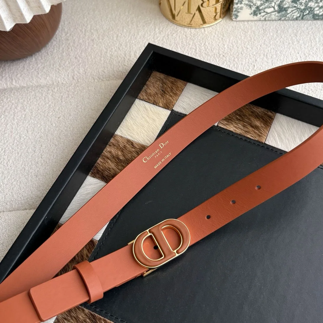 Dior 30 Montaigne brown smooth calfskin belt with antique gold-tone CD buckle