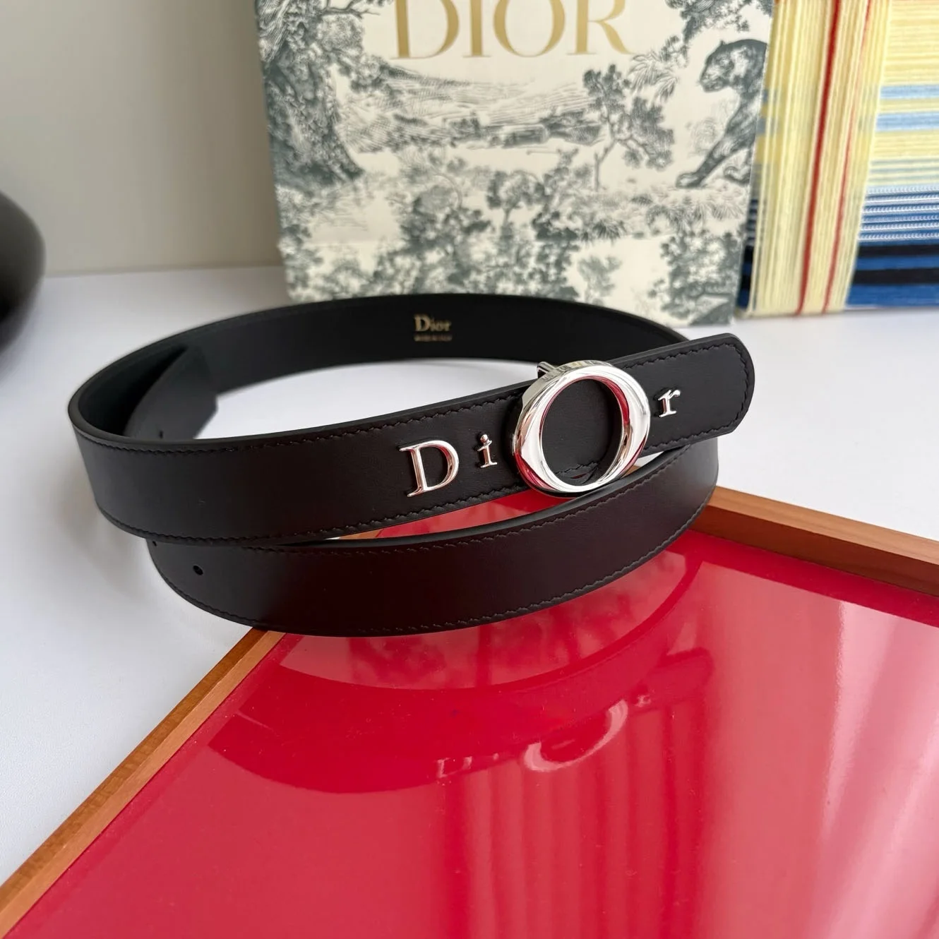 Dior My Dior black smooth calfskin belt with silver-tone signature buckle