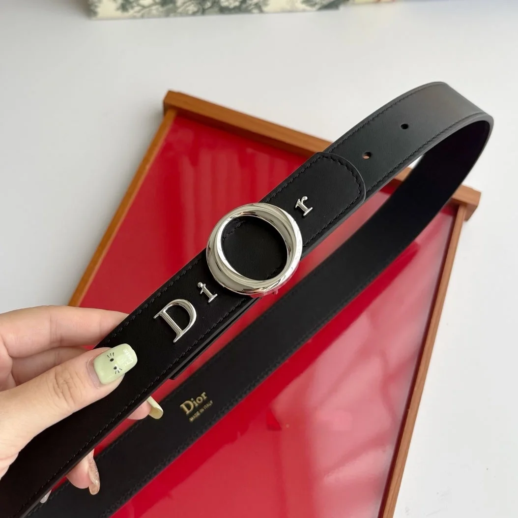 Dior My Dior black smooth calfskin belt with silver-tone signature buckle