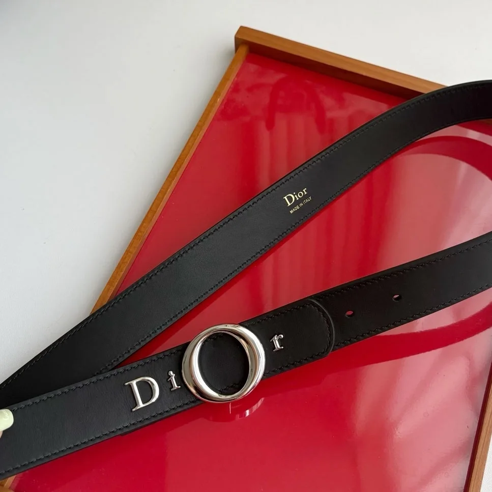 Dior My Dior black smooth calfskin belt with silver-tone signature buckle