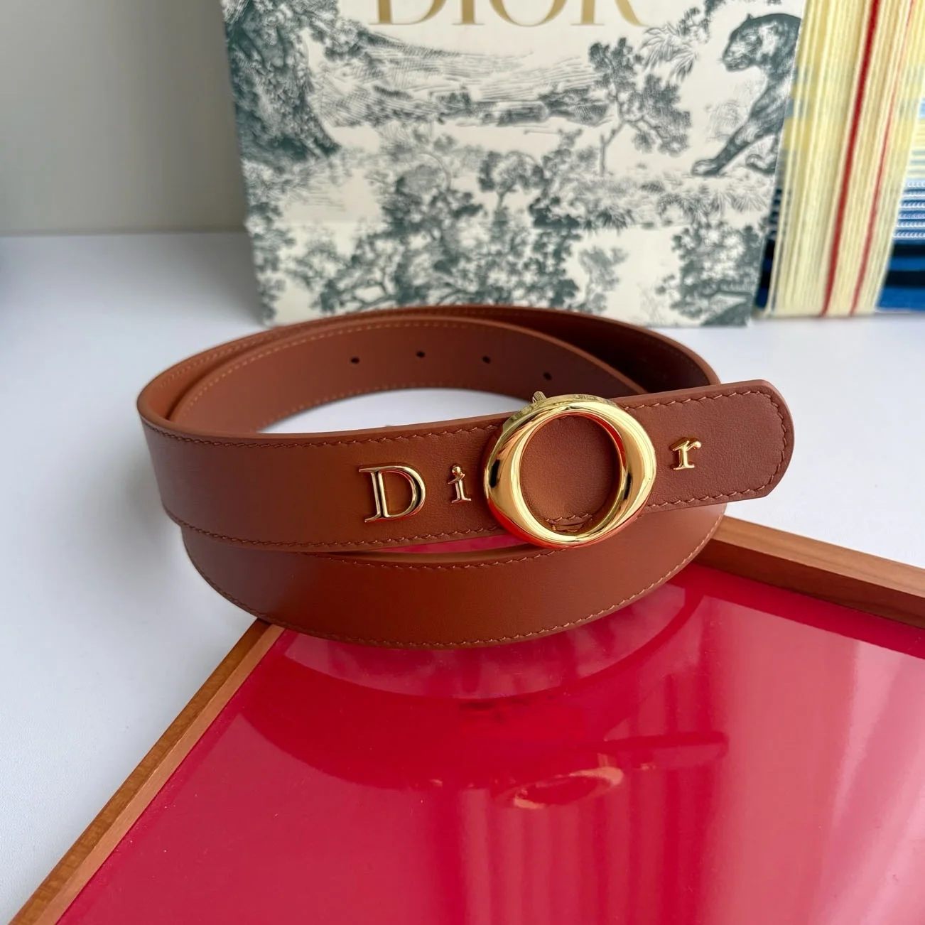 Dior My Dior camel smooth calfskin belt with gold-tone signature buckle