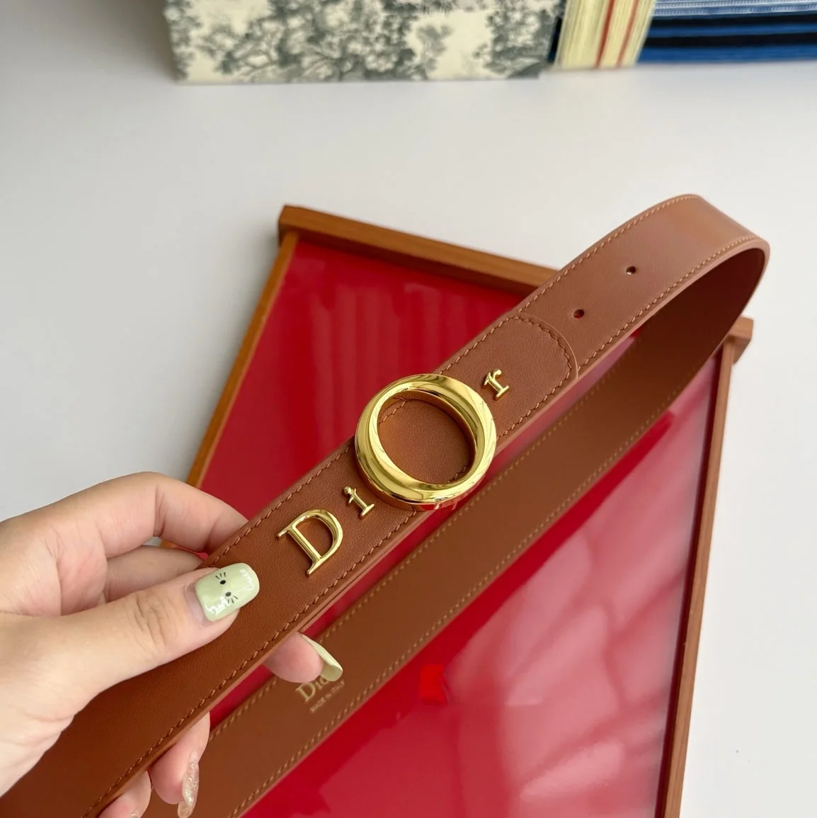 Dior My Dior camel smooth calfskin belt with gold-tone signature buckle