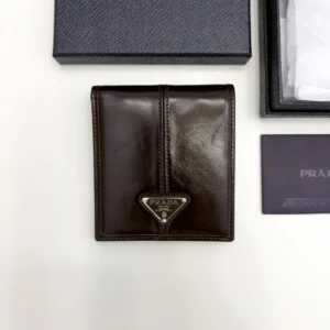 Prada dark brown calfskin bifold wallet with enameled triangle logo