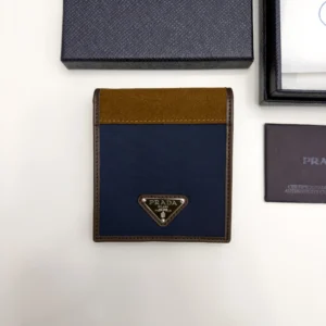 Prada navy Re-Nylon bifold wallet with brown suede detail and triangle logo