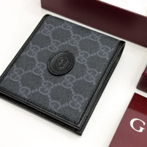 Gucci Interlocking G black and grey GG Supreme bifold wallet with black leather trim
