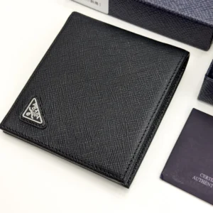 Prada black Saffiano leather bifold wallet with enameled triangle logo