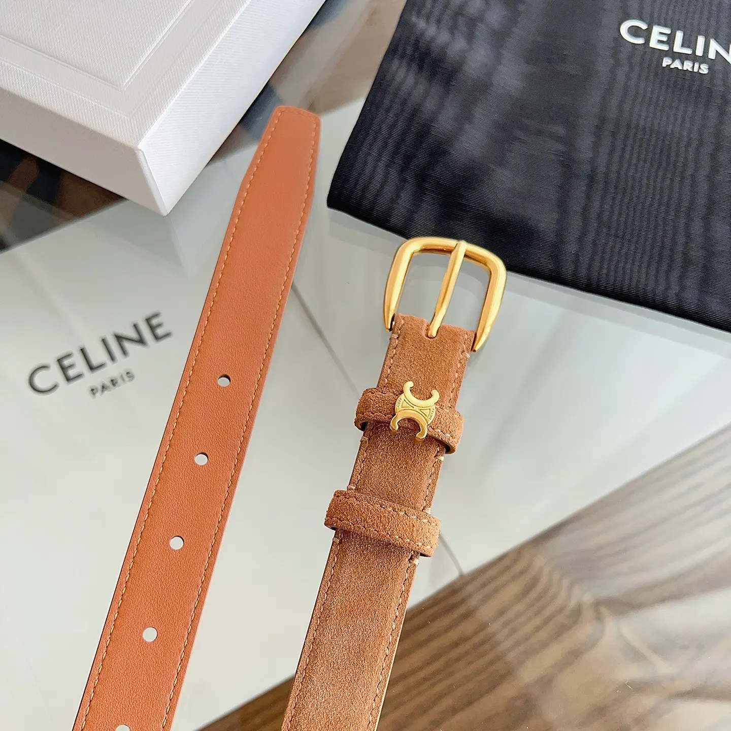 Celine Vivienne tan natural calfskin belt with gold-tone rounded buckle