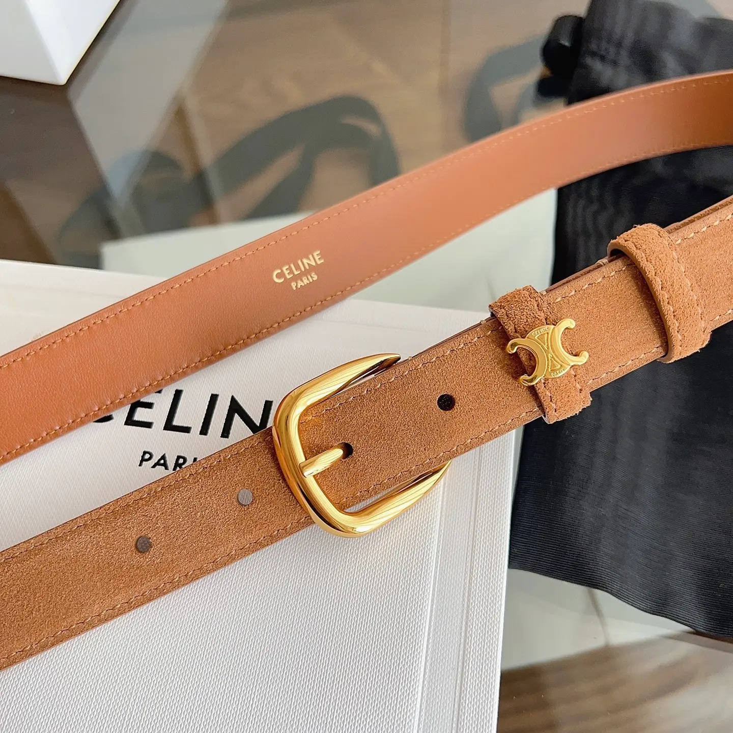 Celine Vivienne tan natural calfskin belt with gold-tone rounded buckle