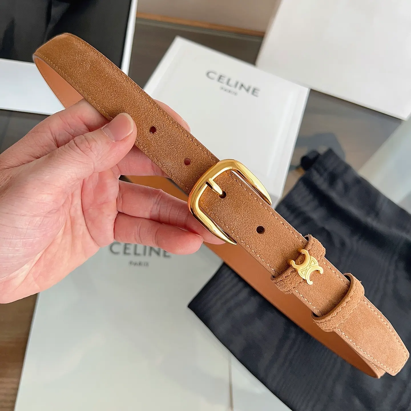 Celine Vivienne tan natural calfskin belt with gold-tone rounded buckle