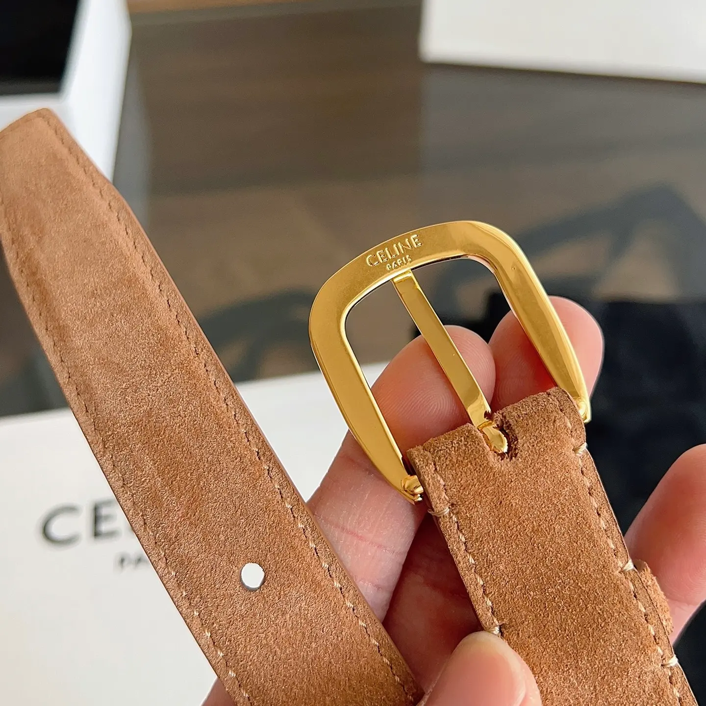 Celine Vivienne tan natural calfskin belt with gold-tone rounded buckle