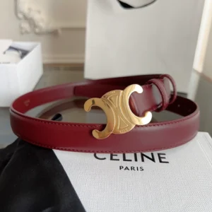 Celine Triomphe burgundy Box calfskin belt with gold-tone buckle