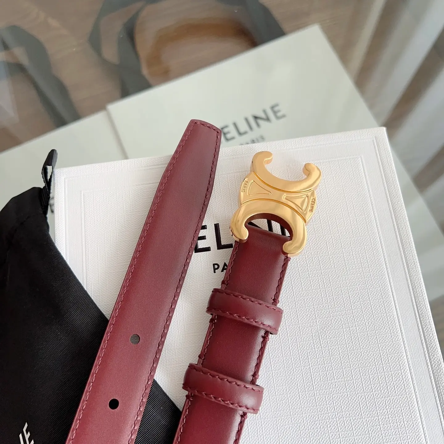 Celine Triomphe burgundy Box calfskin belt with gold-tone buckle