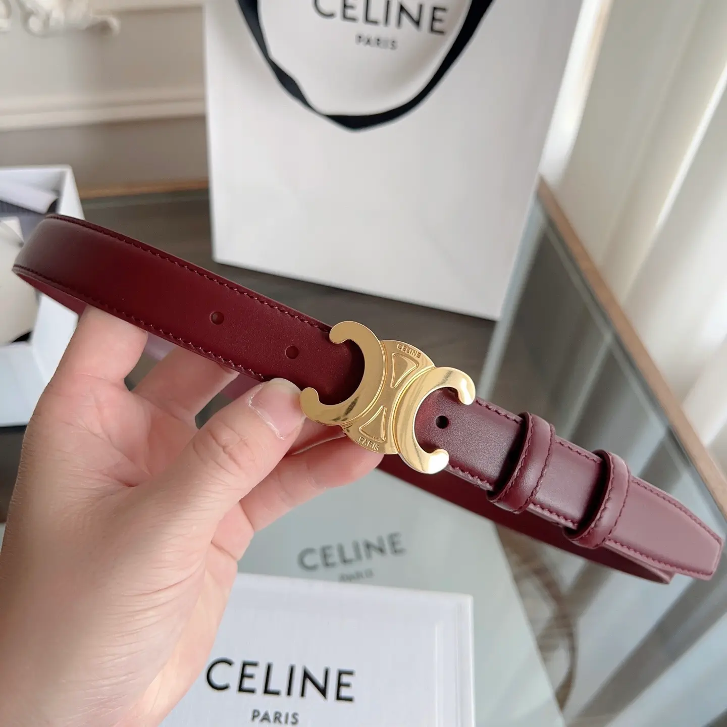 Celine Triomphe burgundy Box calfskin belt with gold-tone buckle