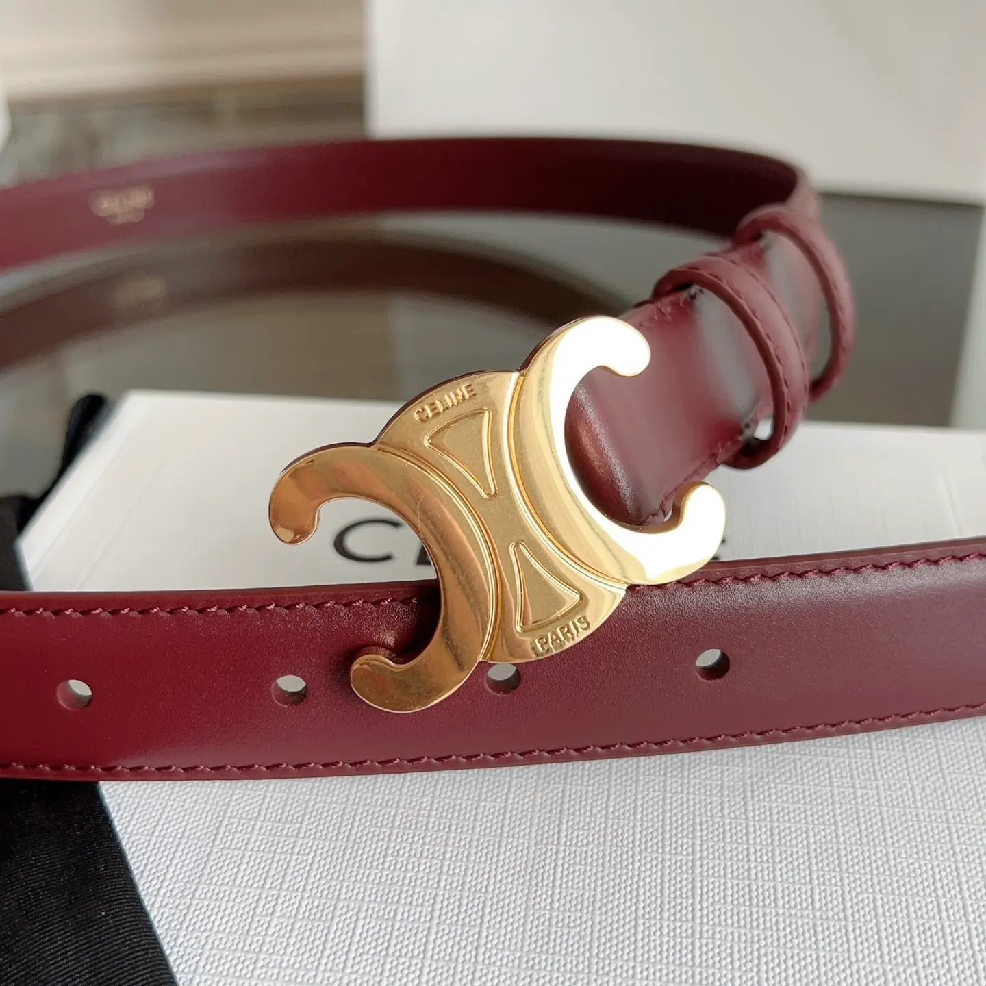 Celine Triomphe burgundy Box calfskin belt with gold-tone buckle