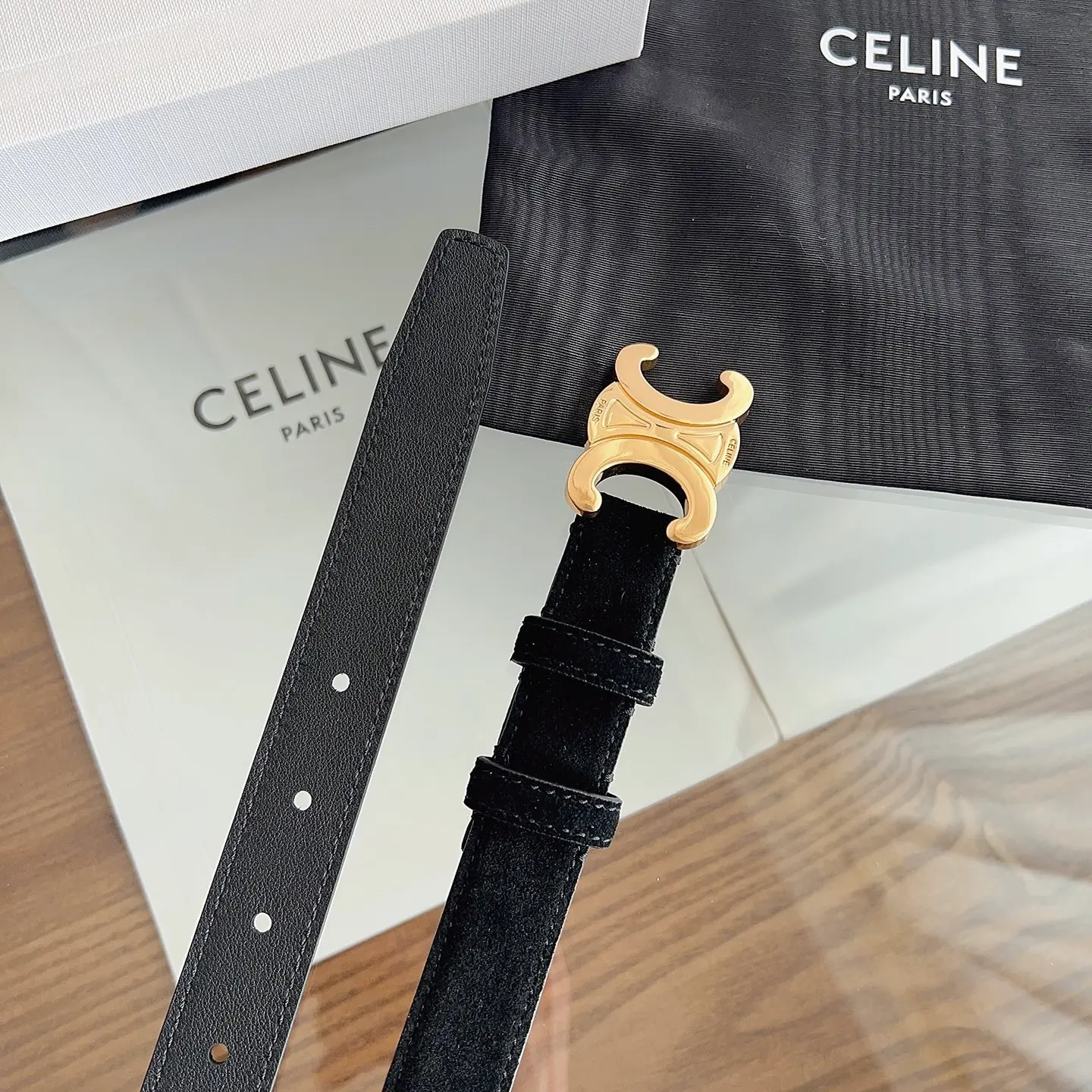 Celine Triomphe black suede calfskin belt with gold-tone buckle
