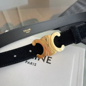 Celine Triomphe black suede calfskin belt with gold-tone buckle