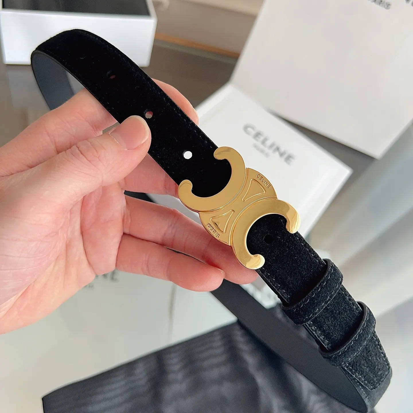 Celine Triomphe black suede calfskin belt with gold-tone buckle