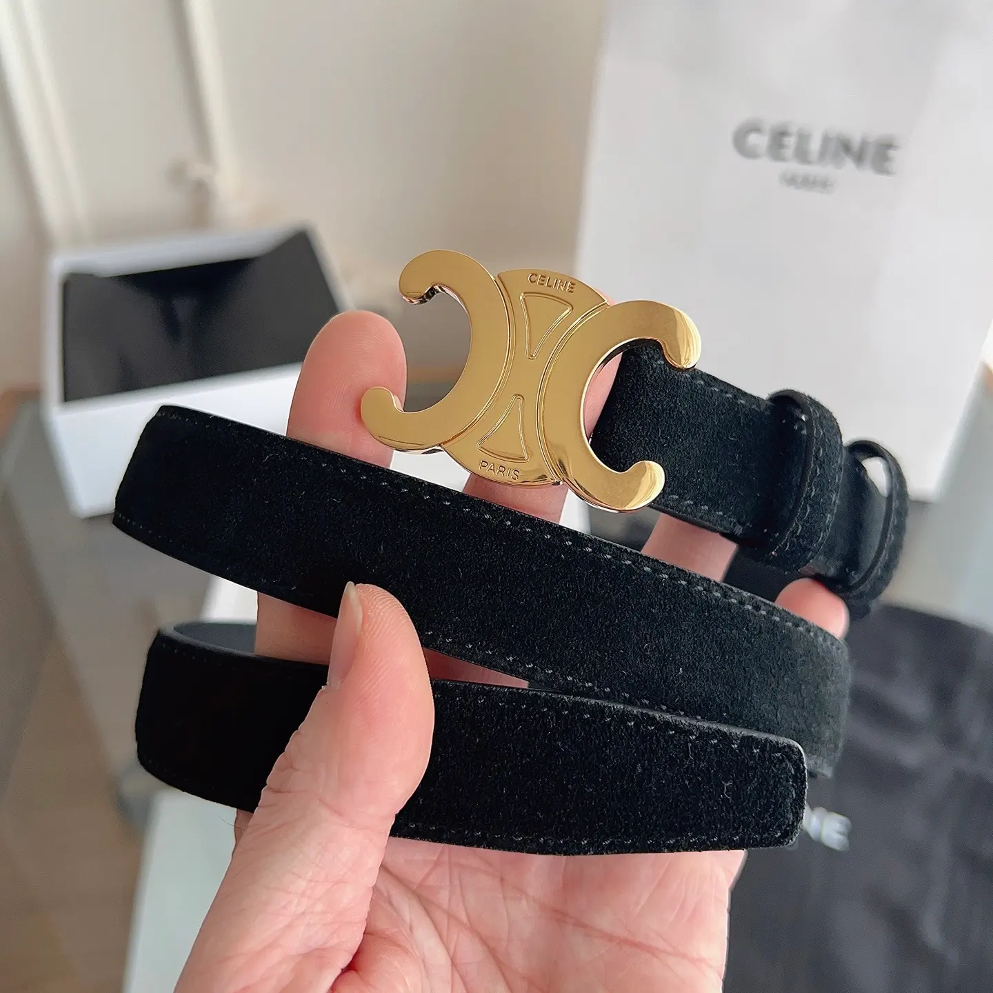 Celine Triomphe black suede calfskin belt with gold-tone buckle