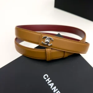 Chanel camel smooth leather adjustable belt with silver-tone CC turn-lock buckle