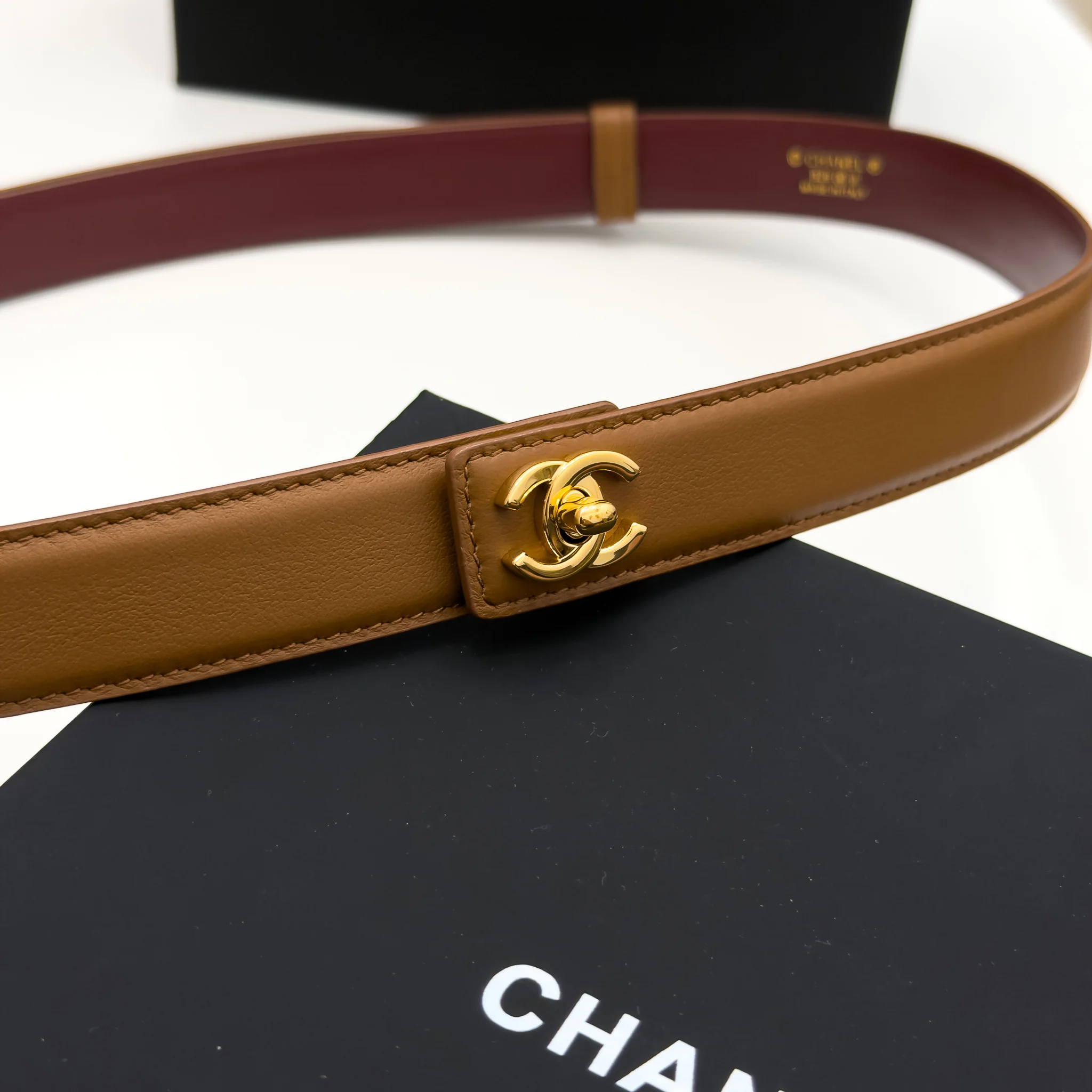 Chanel camel smooth leather adjustable belt with gold-tone CC turn-lock buckle