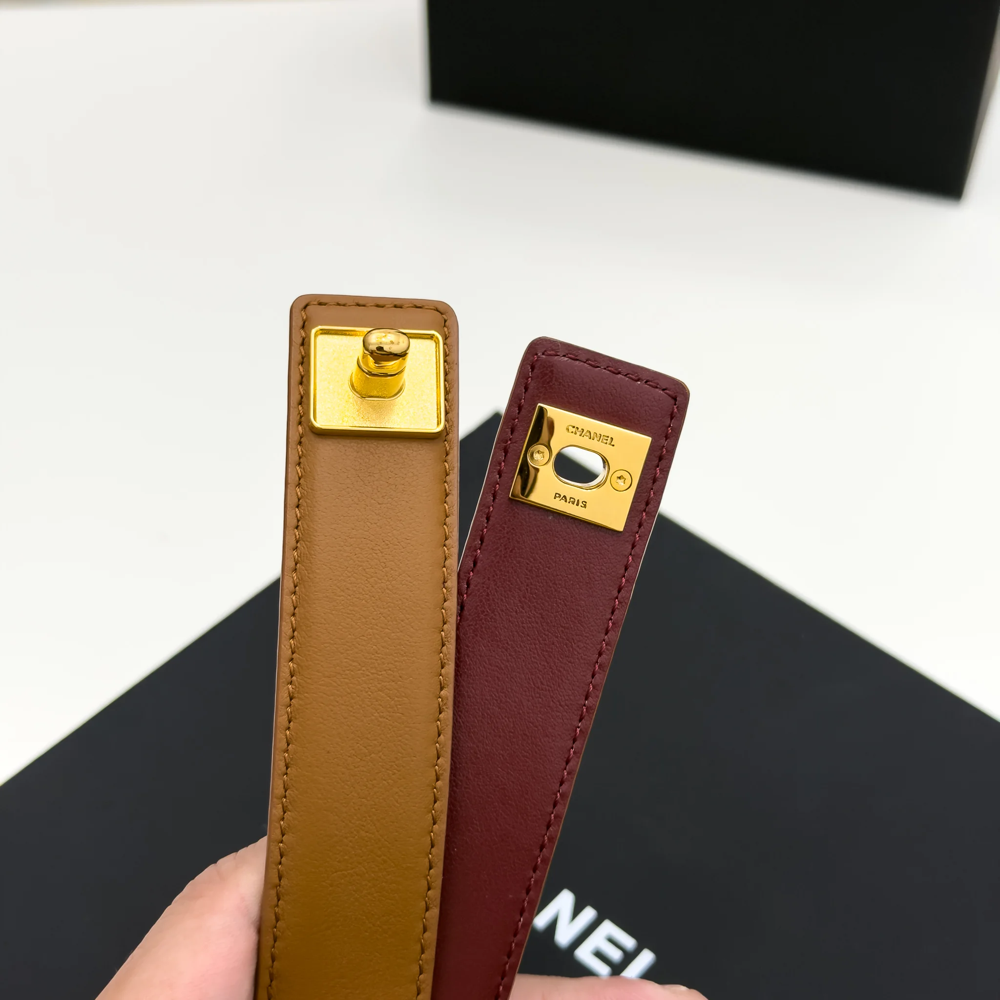 Chanel camel smooth leather adjustable belt with gold-tone CC turn-lock buckle