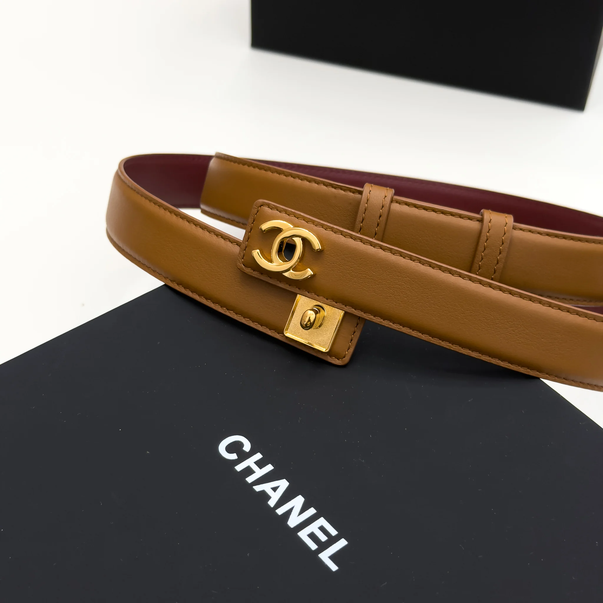 Chanel camel smooth leather adjustable belt with gold-tone CC turn-lock buckle
