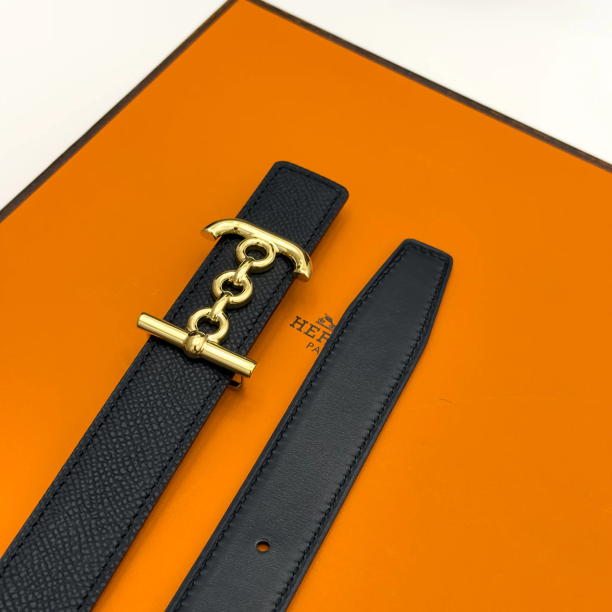 Hermès Ancre Marin reversible black Epsom and Swift leather belt with gold-tone buckle