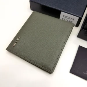 Prada Selva Green Saffiano leather bifold wallet with metal lettering logo