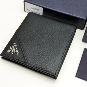 Prada black Saffiano leather bifold wallet with intarsia corner detail and metal logo