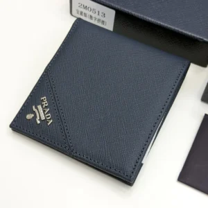 Prada Baltic Blue Saffiano leather bifold wallet with intarsia corner detail and metal logo