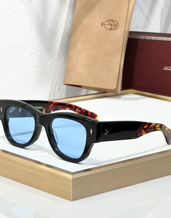 JMM Chelsea Black Havana Blue sunglasses with glossy black acetate frame, havana temples and light blue lenses