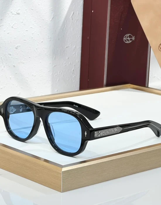 JMM Duende Black Silver Blue sunglasses with black acetate frame, light blue lenses and engraved silver temple detail