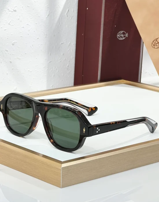 JMM Duende Dark Havana Green sunglasses with dark havana acetate frame, green lenses, and clear temple tips