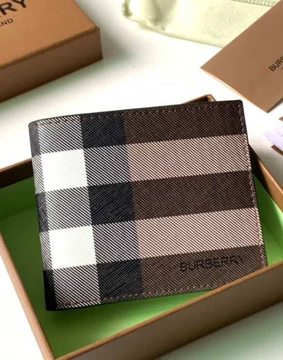 Burberry Colour Block Check bifold wallet in Dark Birch Brown with black leather interior