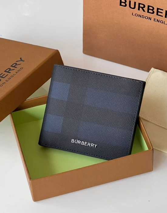 Burberry Check slim bifold wallet in Charcoal with raised metal logo