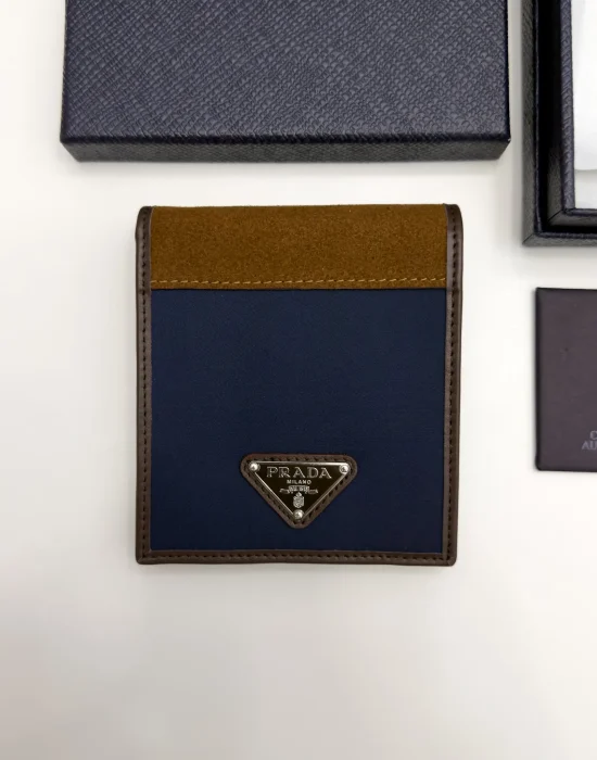 Prada navy Re-Nylon bifold wallet with brown suede detail and triangle logo