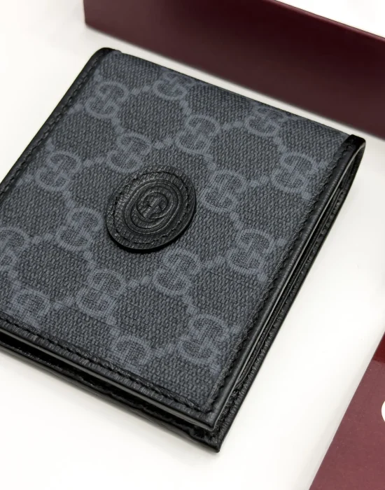 Gucci Interlocking G black and grey GG Supreme bifold wallet with black leather trim