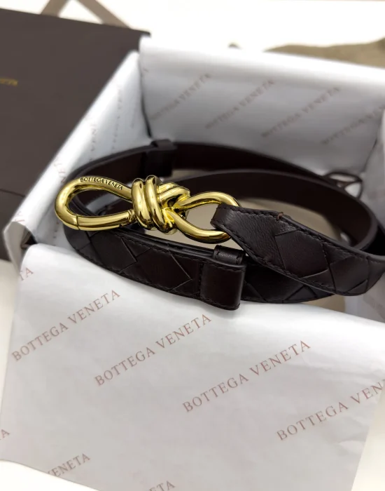 Bottega Veneta Andiamo Fondant brown Intrecciato leather belt with vintage gold-tone knot buckle