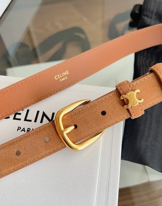 Celine Vivienne tan natural calfskin belt with gold-tone rounded buckle