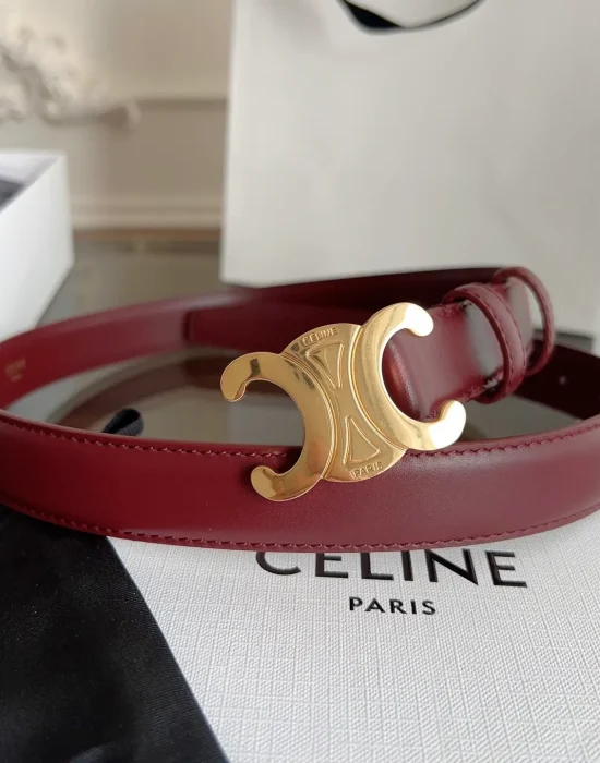 Celine Triomphe burgundy Box calfskin belt with gold-tone buckle
