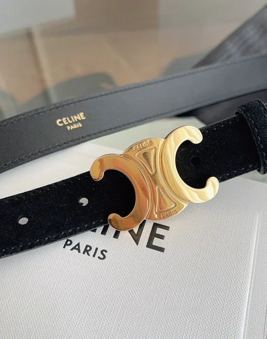 Celine Triomphe black suede calfskin belt with gold-tone buckle