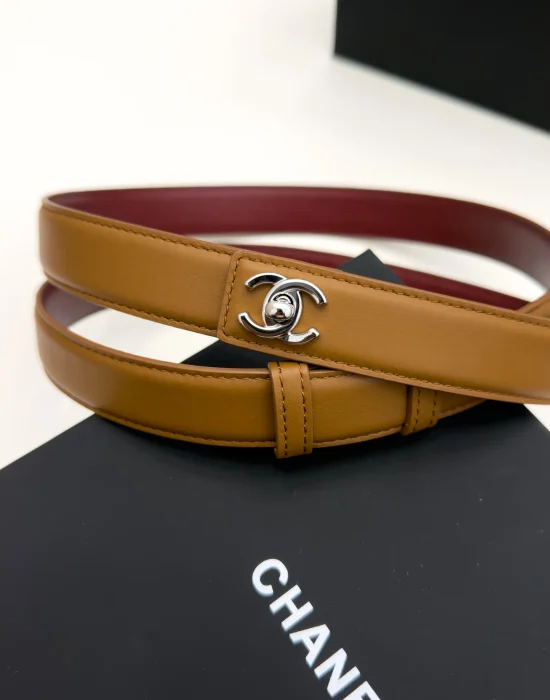 Chanel camel smooth leather adjustable belt with silver-tone CC turn-lock buckle