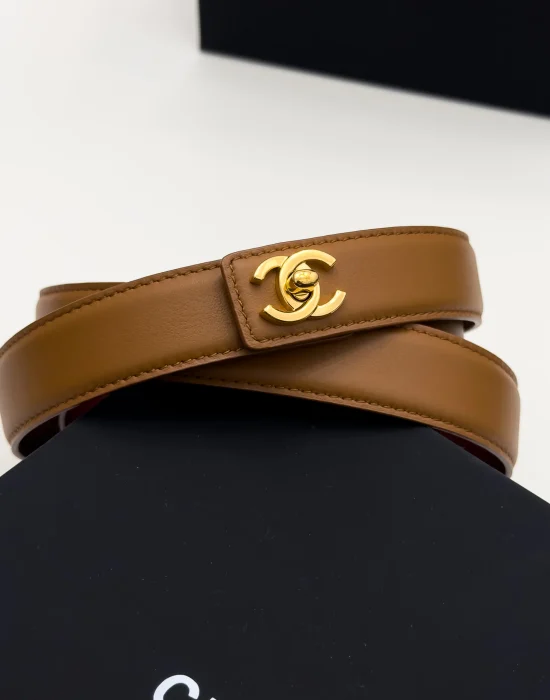 Chanel camel smooth leather adjustable belt with gold-tone CC turn-lock buckle